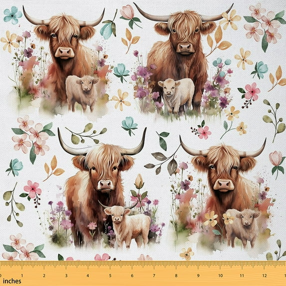 YST Highland Cow Fabric By The Yard, Flowers Upholstery Fabric, Kawaii Farmhouse Wild Animals Decorative Fabric, Spring Botanical Floral Leaves DIY Waterproof Fabric, Brown Yellow, 2 Yards