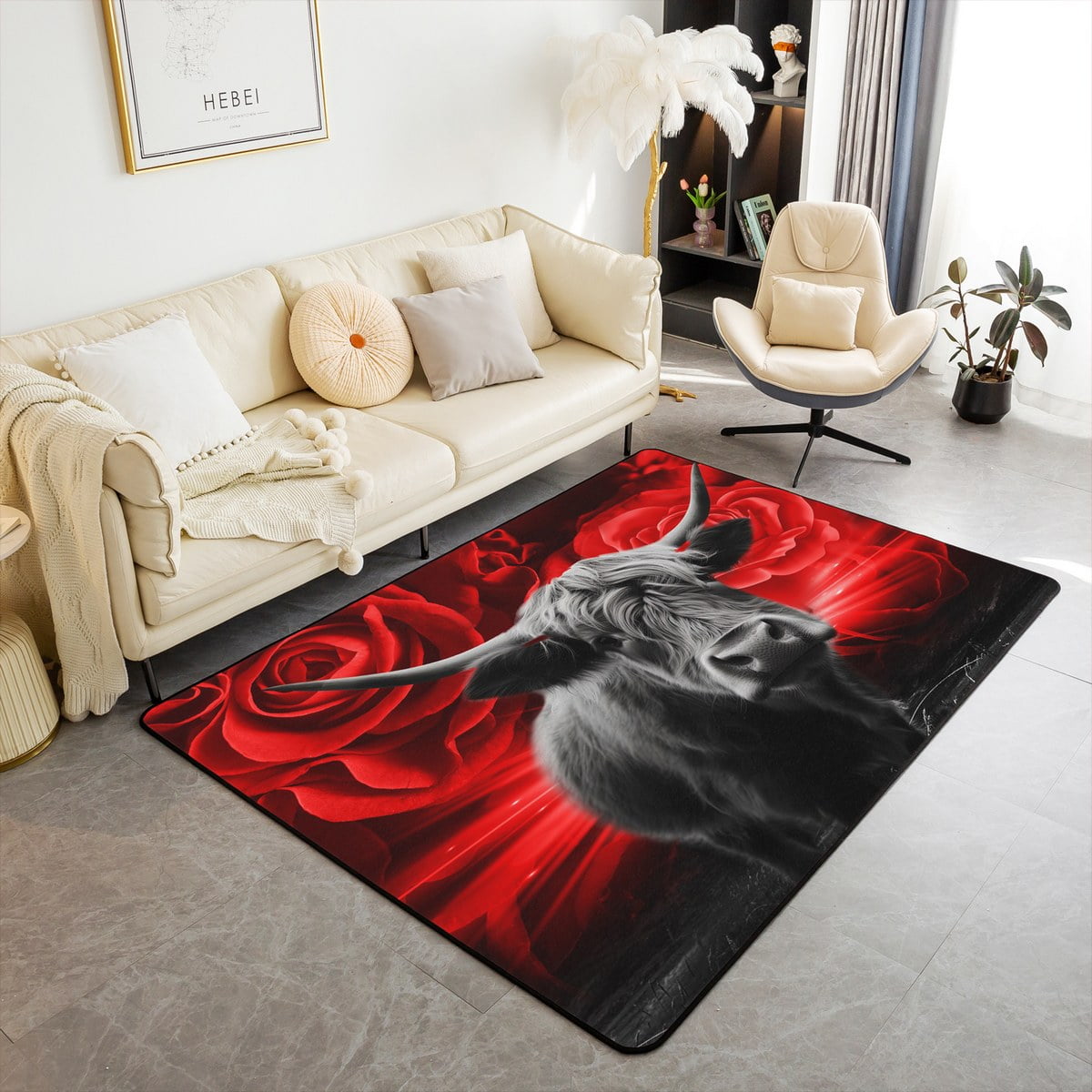 YST Highland Cow Flower Area Rug,Romantic Red Rose Living Room Rugs