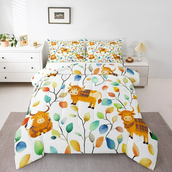 Erosebridal Highland Cow Full Bedding Sets Boho Floral Comforter Set, Colorful Leaves Down Comforter Abstract Watercolor Plant Bedding Comforter Sets, Farm Animal Duvet Insert
