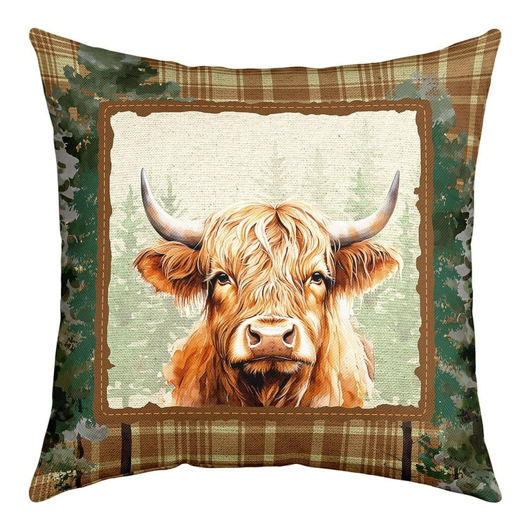 YST Highland Cow Pillow Cover Farmhouse Decor Bull Cattle Cushion Cover Wild Animals Throw Pillow Cover 16x16 Inch Vintage Brown Checked Plaid Ombre Camouflage Rustic Cushion Case Walmart