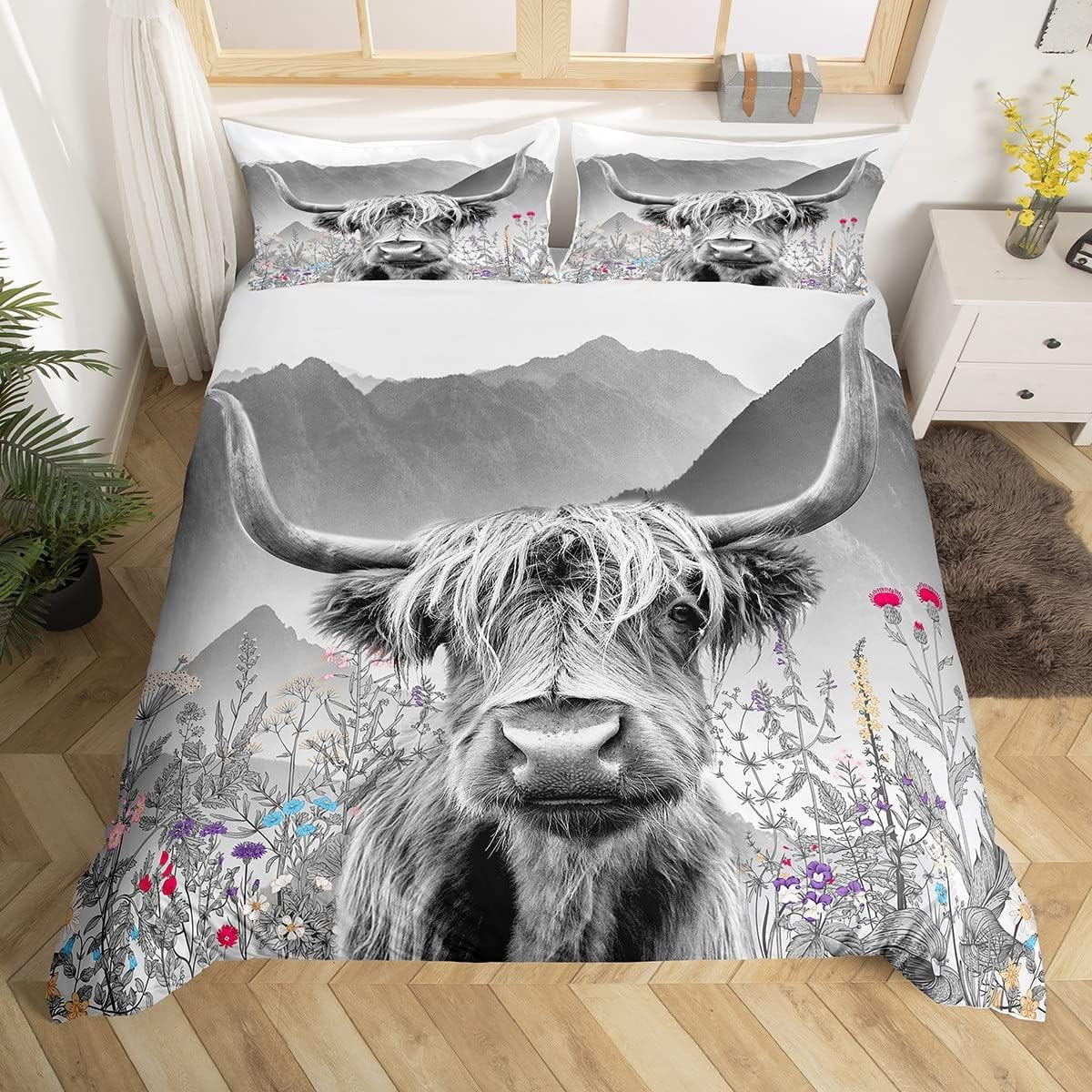 YST Highland Cow Print Bedding Set King,for Boys Girls Western