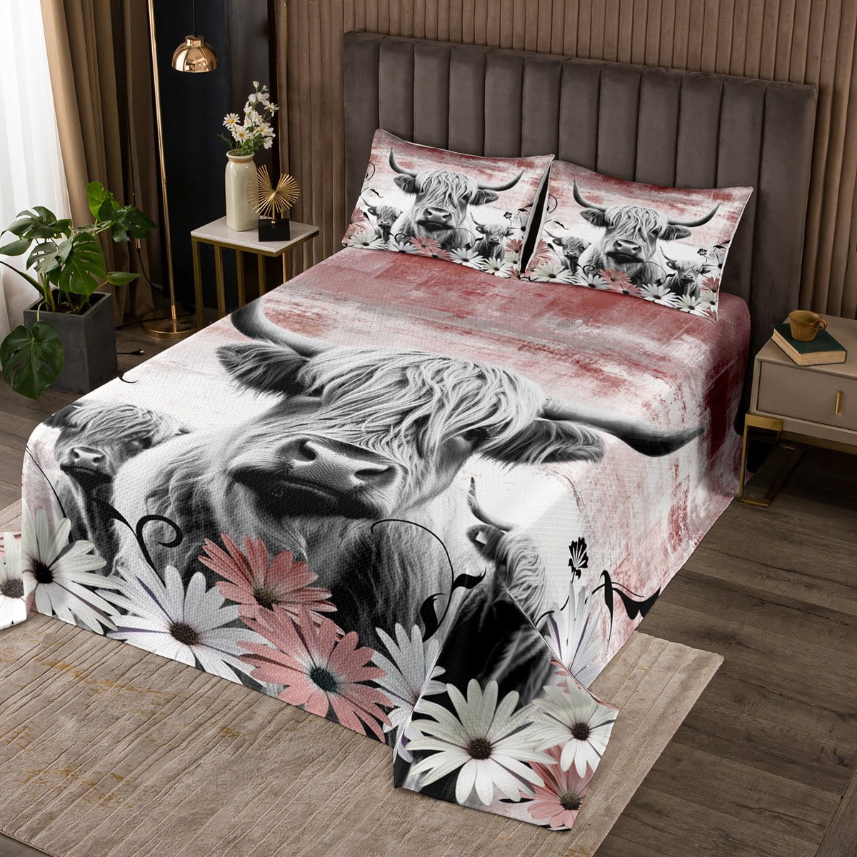 YST Highland Cow Print Bedspread Queen,Red Western Farmhouse Quilt Set