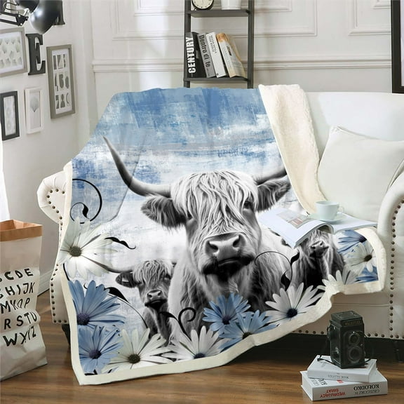 Highland Cow Print Blanket,Blue Western Farmhouse Throw Blanket Rustic Home Decor,Longhorn Cattle Farm Animal Fleece Blanket Daisy Flowers Fuzzy Blanket Cowboys Gifts for Men Women 50"x60"