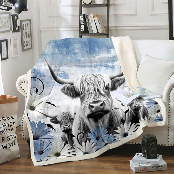Highland Cow Print Blanket,Blue Western Farmhouse Throw Blanket Rustic Home Decor,Longhorn Cattle Farm Animals Fleece Blanket Daisy Floral Sherpa Blanket Cowboys Gifts 40"x50"