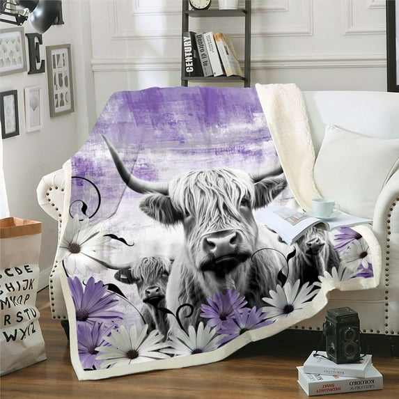 Highland Cow Print Blanket,Purple Western Farmhouse Throw Blanket for Bedroom,Longhorn Cattle Farm Animal Fleece Blanket Daisy Flower Fuzzy Blanket Cowboys Gifts 30"x40"