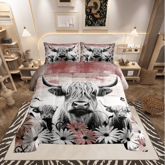 Erosebridal Highland Cow Print Comforter Set Full,Red Western Farmhouse Bedding Sets Rustic Home Decor,Longhorn Cattle Farm Animals Bed Set Grunge Daisy Floral Quilt Cowboys Gifts