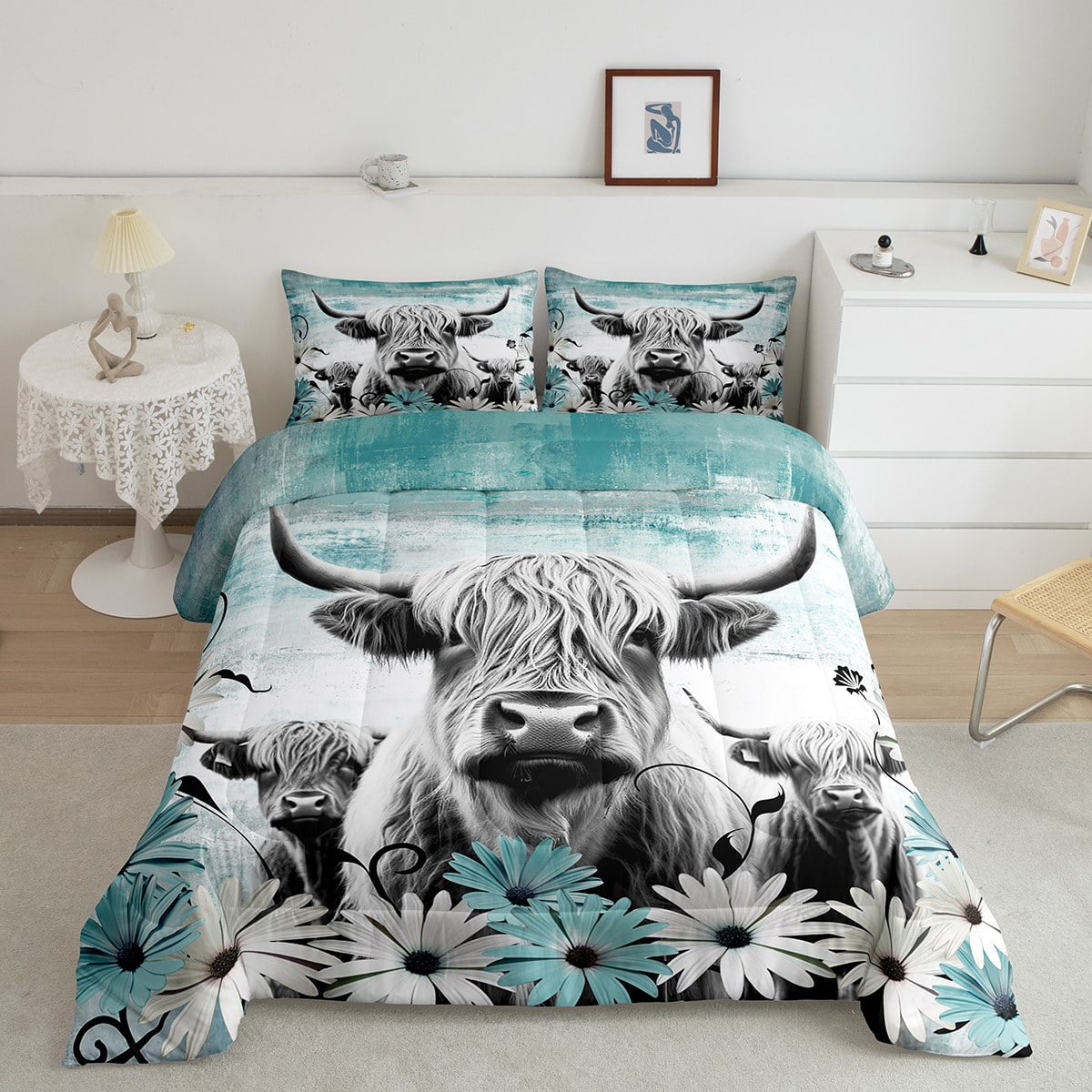 YST Highland Cow Print Comforter Set Twin,Teal Western Farmhouse