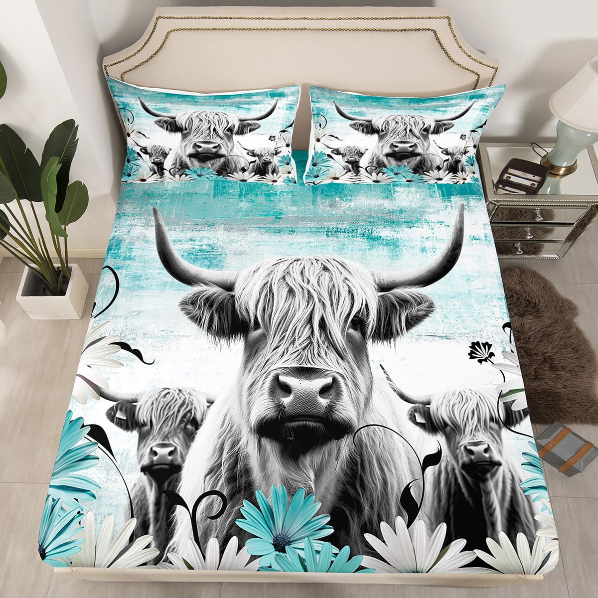 YST Highland Cow Print Fitted Sheet Twin,Teal Western Farmhouse Bedding