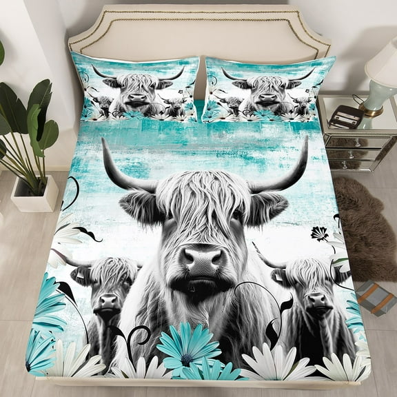 Erosebridal Highland Cow Print Fitted Sheet Twin,Teal Western Farmhouse Bedding Set Rustic Home Decor,Longhorn Cattle Farm Animal Bed Sheets Daisy Flower Bed Set Cowboys