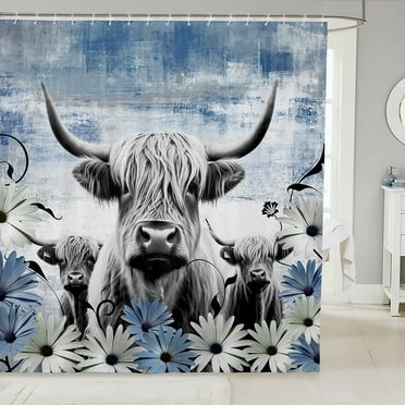 Highland Cow Print Shower Curtain,Blue Western Farmhouse Bathroom Curtains,Longhorn Cattle Animals Bath Curtain Daisy Flower Fabric Shower Curtain Cowboys Gifts 72"Wx72"L