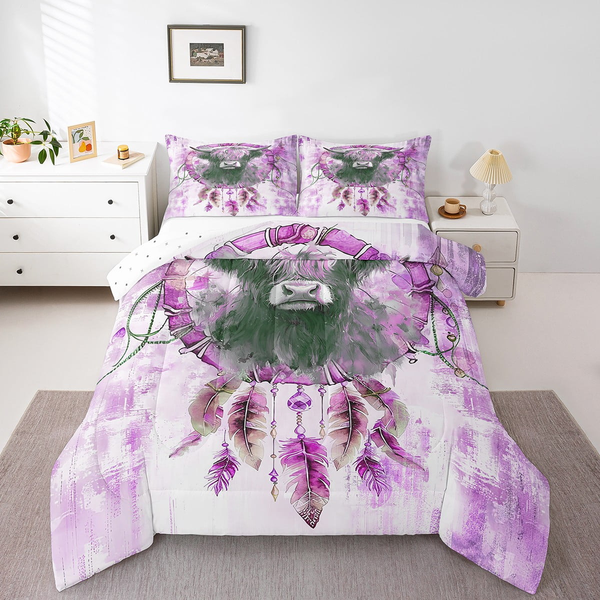 Highland Cow Print Twin Bedding Sets Tribal Dream Catcher Comforter Set