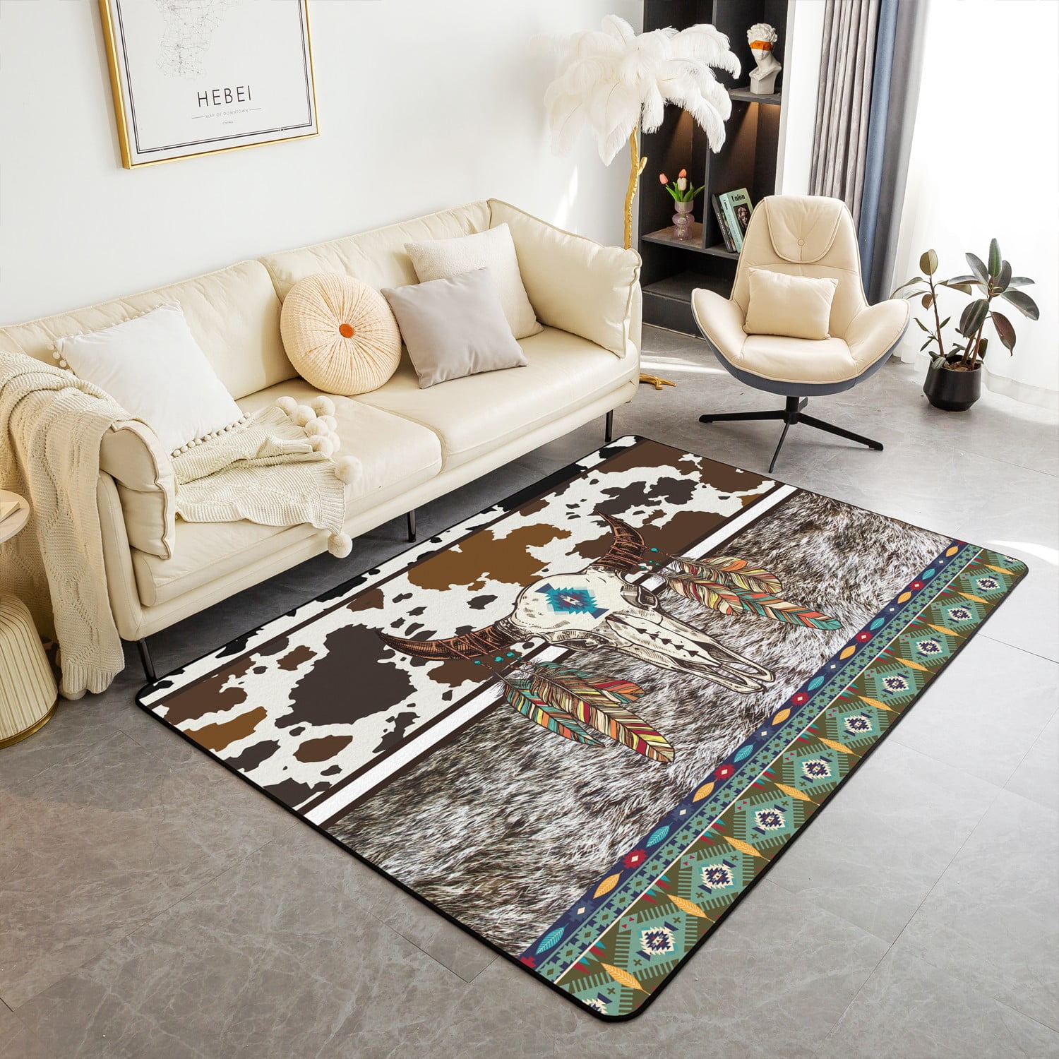 YST Highland Cow Skull Living Room Rug Southwestern Native Western ...