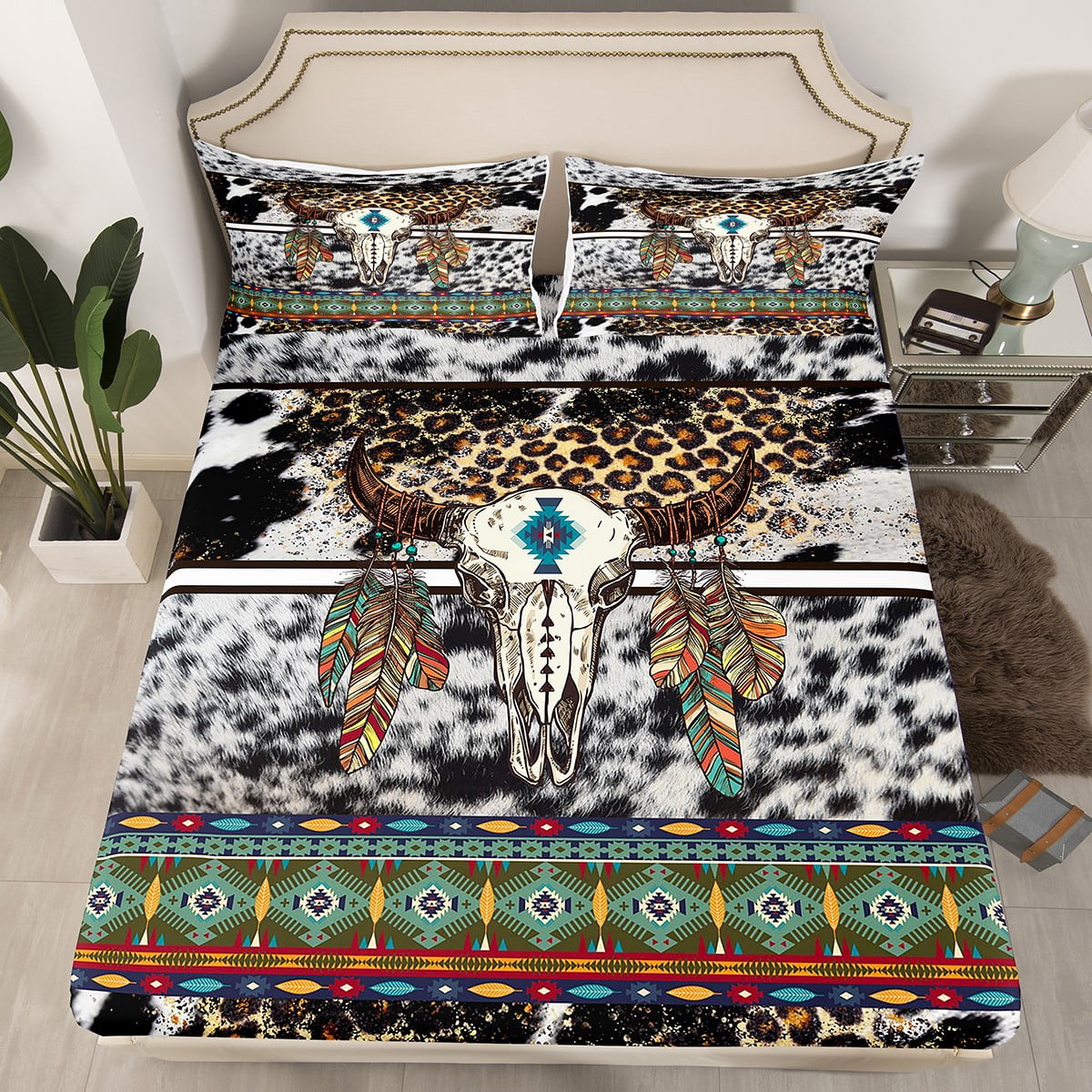 YST Highland Cow Skull Western Bed Sheets Queen,Cheetah Print Sheets