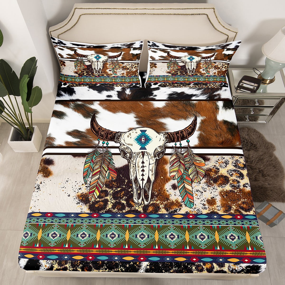 YST Highland Cow Skull Western Bed Sheets Twin,Cheetah Print Sheets
