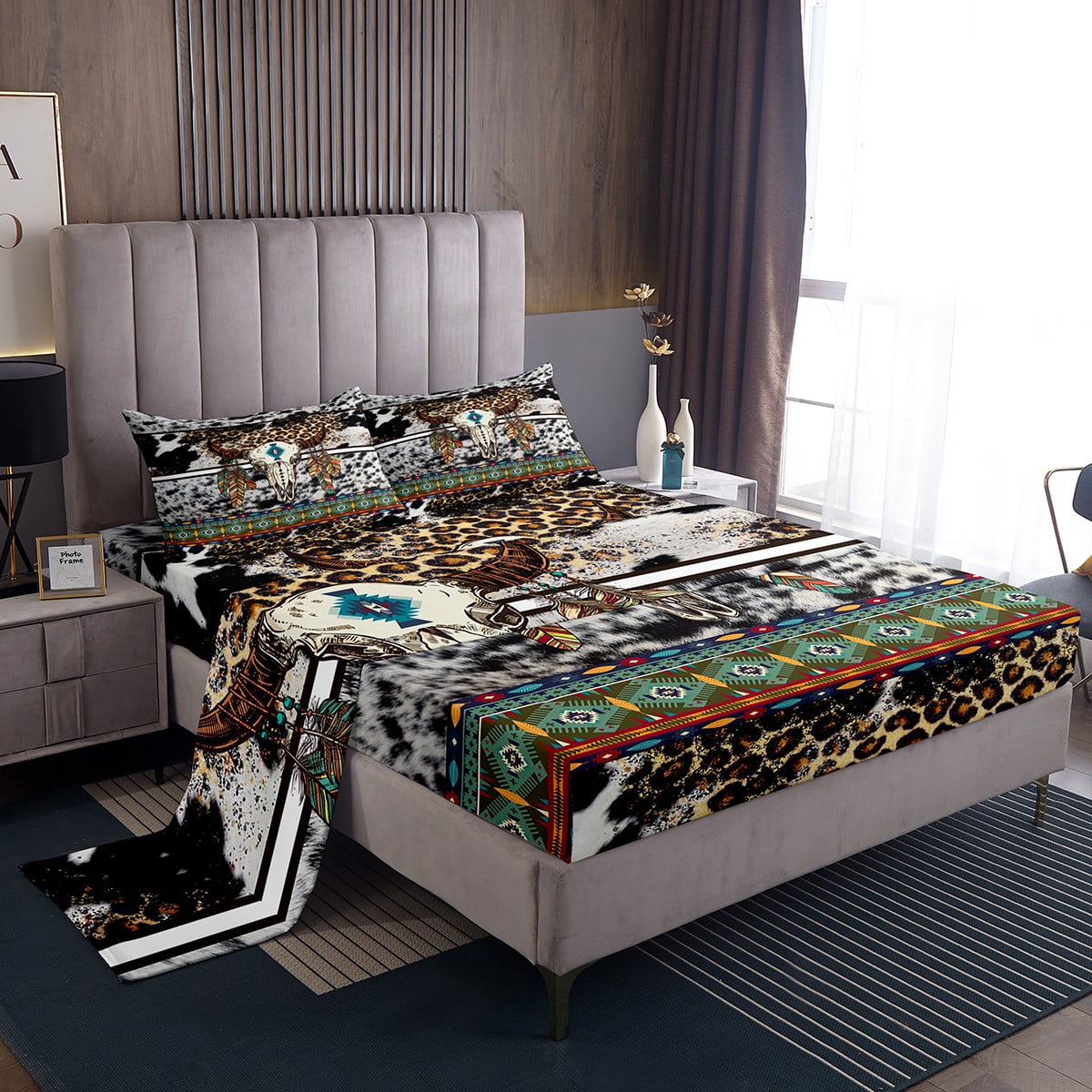 YST Highland Cow Skull Western Bed Sheets Set Queen,Cheetah Print