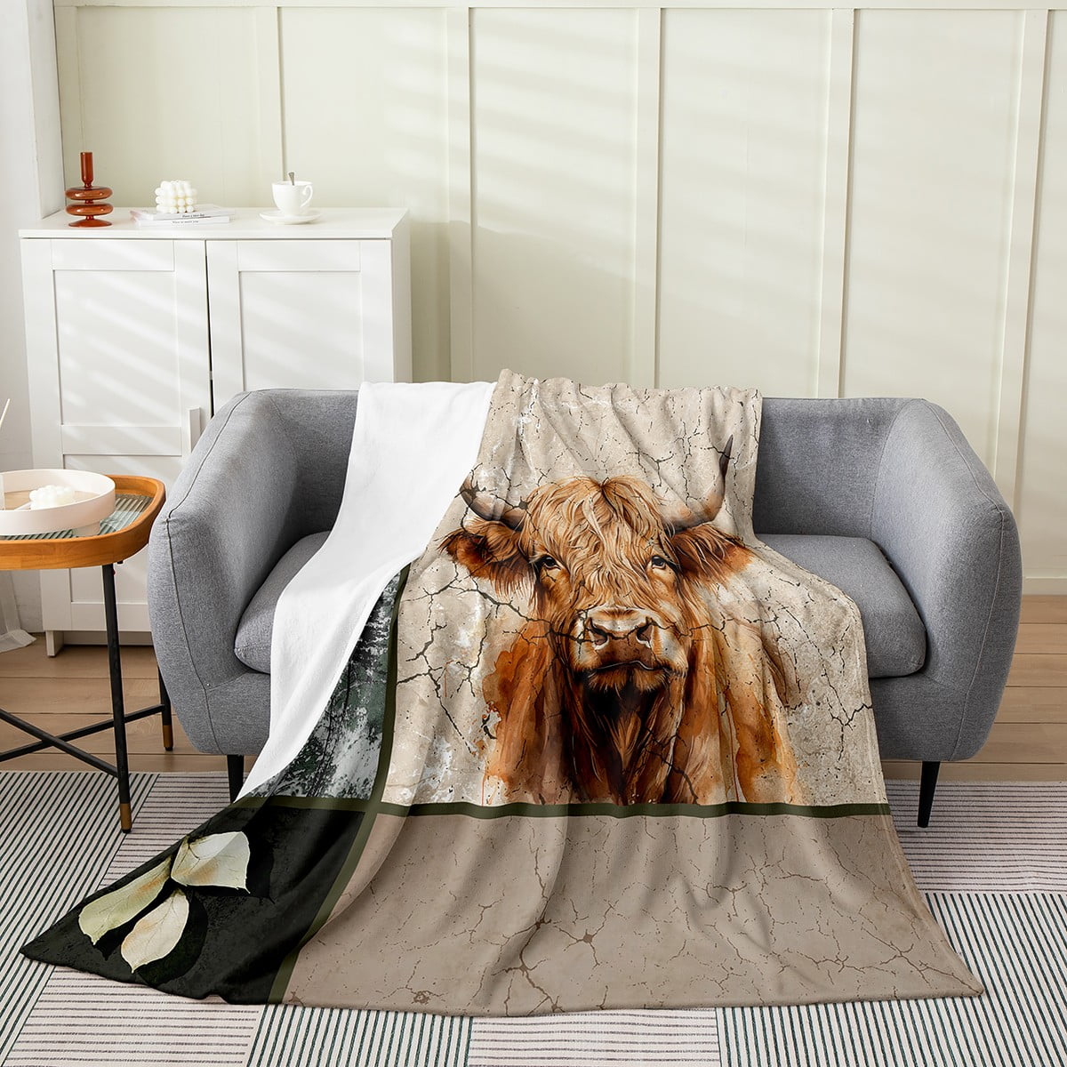 YST Highland Cow Throw Blanket Throw 50x60 Inch Vintage Pine Trees