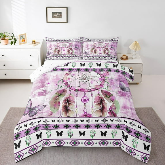 Hippie Dreamcatcher King Size Comforter Set Hot Pink Ombre Bedding Set,Purple Butterfly Down Comforter Watercolor Gradient Bed Set,Exotic Style Tribal Aztec Quilted Duvet