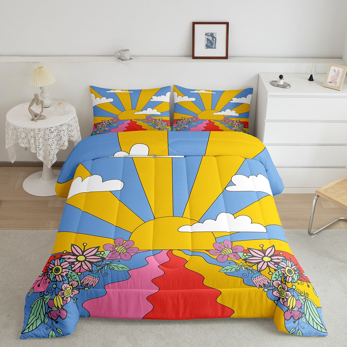 YST Hippie Girl Comforter Full Girls Bedding Set for Adult Youth,Retro