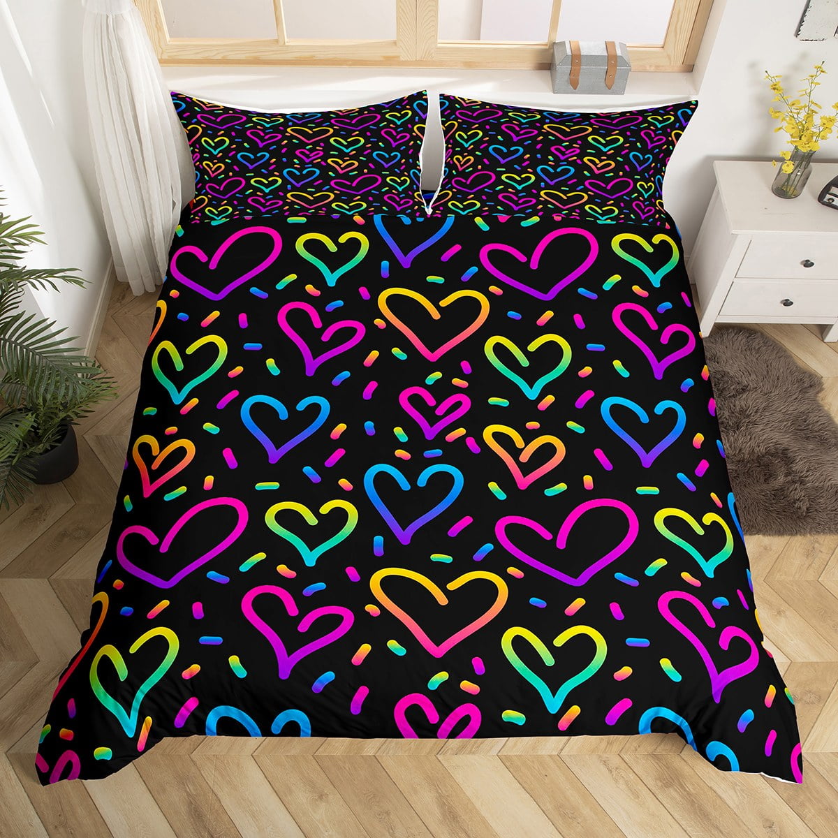 YST Hippie Love Heart Bed Set Black Pink Blue Duvet Cover, Rainbow