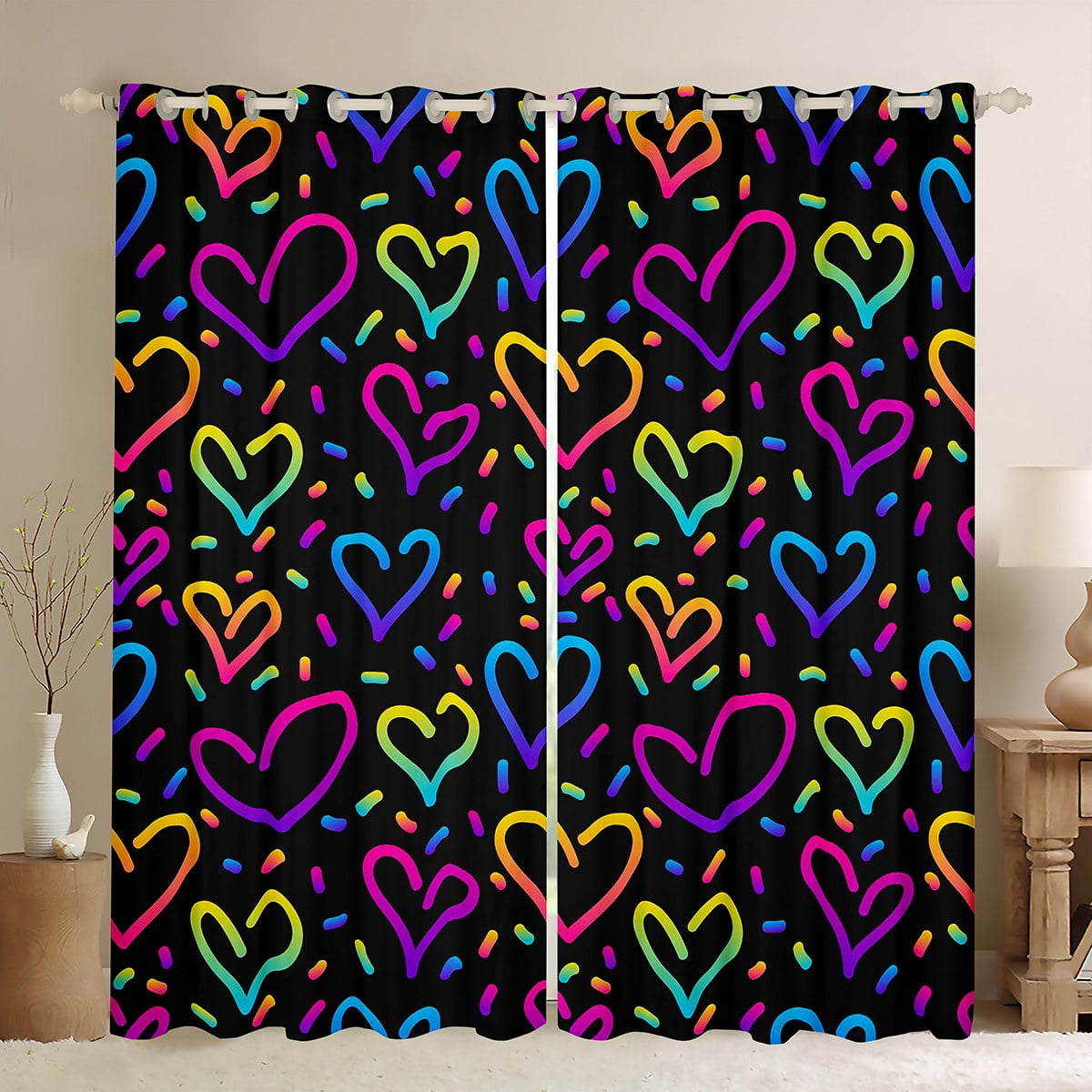 YST Hippie Love Heart Curtains Black Pink Blue Blackout Curtains