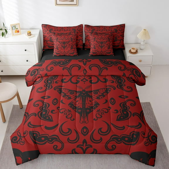 YST Hippie Moth Gothic Bed In A Bag 7 Piece Full Retro Damask Goth Bedding Set Halloween Red Black Death Moth Skull Comforter Set With Sheets For Kids Adults,Butterfly Animal Bed Set