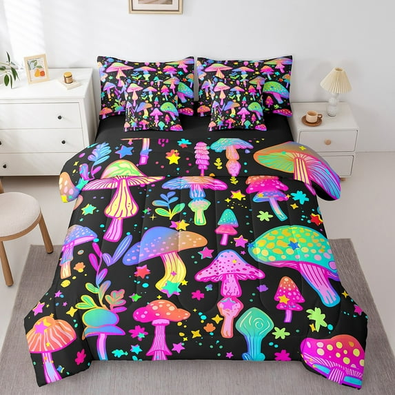 Hippie Mushroom Bedding Comforter Sets 7 Pieces Cartoon Wild Fungus Bed in a Bag, Rainbow Stars Twin Bedding Sets Botanical Plants Comforter Set, Boho Black Bedding Sets & Collections
