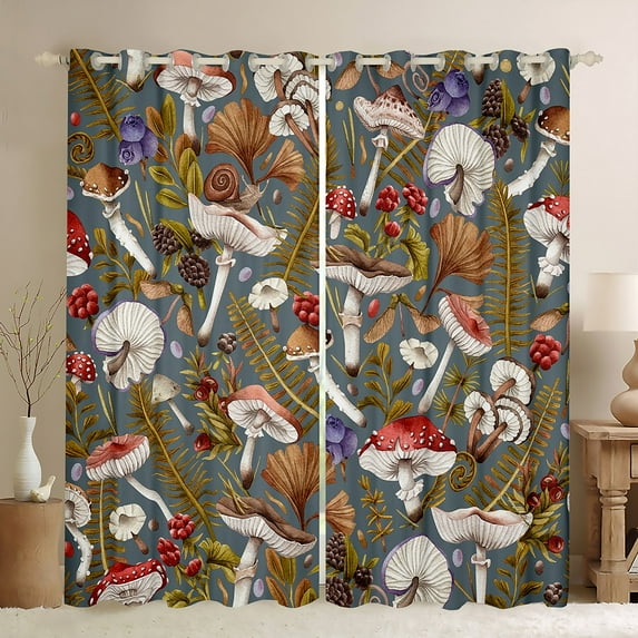 Erosebridal Hippie Mushroom Blackout Curtains Brown Red Natural Fungus Curtains, Purple Mushrooms Curtains & Drapes Grey Living Room Curtains, Watercolor Botanical Plants Window Curtains