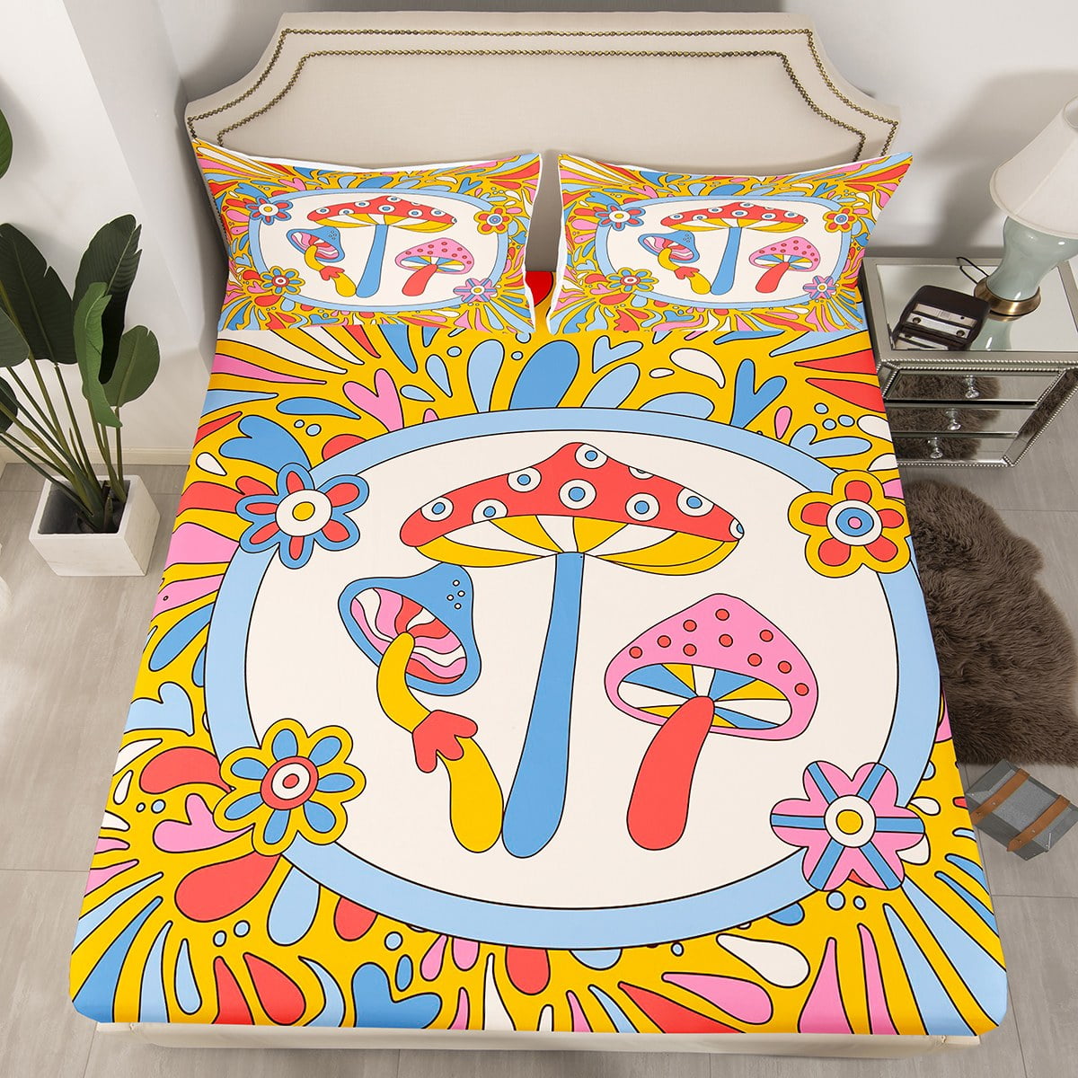 YST Hippie Mushroom Full Fitted Sheet Groovy Flower Sheets for Girls