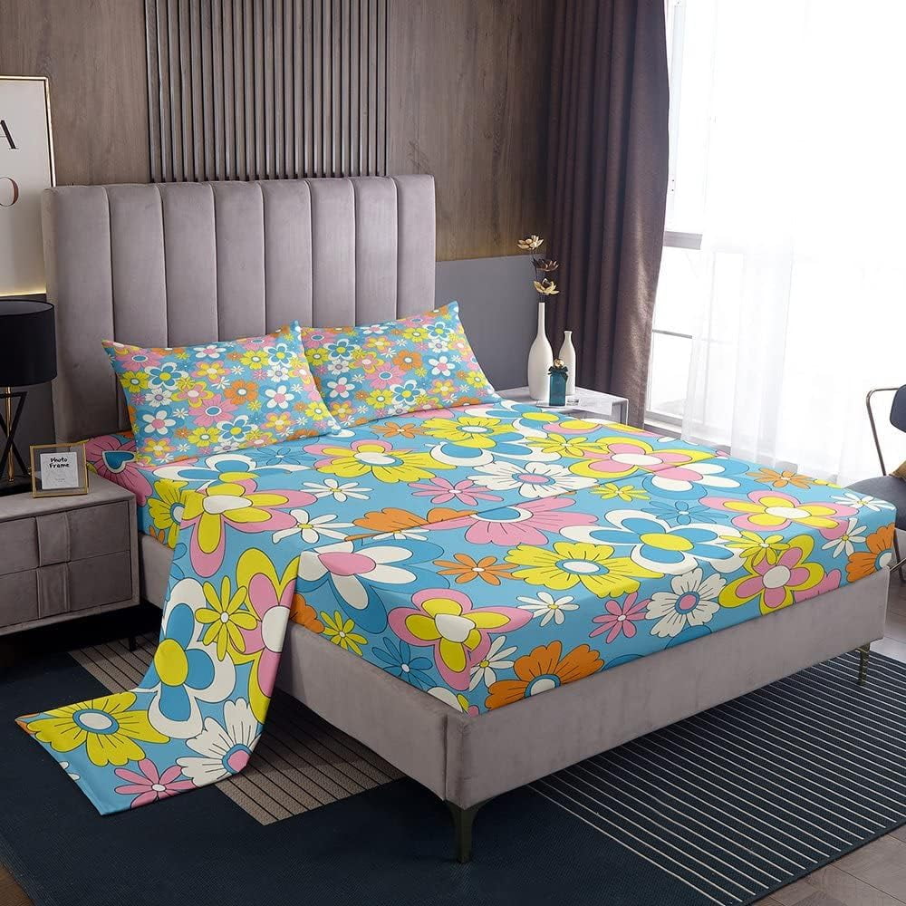 YST Hippy Girl Flower Fitted Sheet King,Adults 60s Flower Power Bed