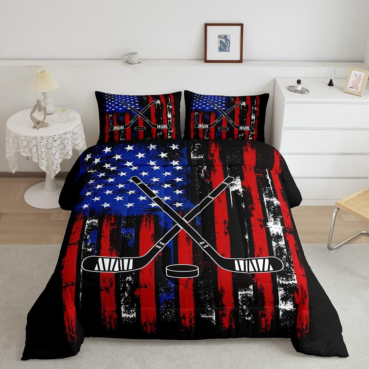 Ice Hockey Comforter Set Queen Size - Red Black Hockey Bedding, 3-Piece Quilt Set With Pillowcases, Sports Theme Bedroom Decor