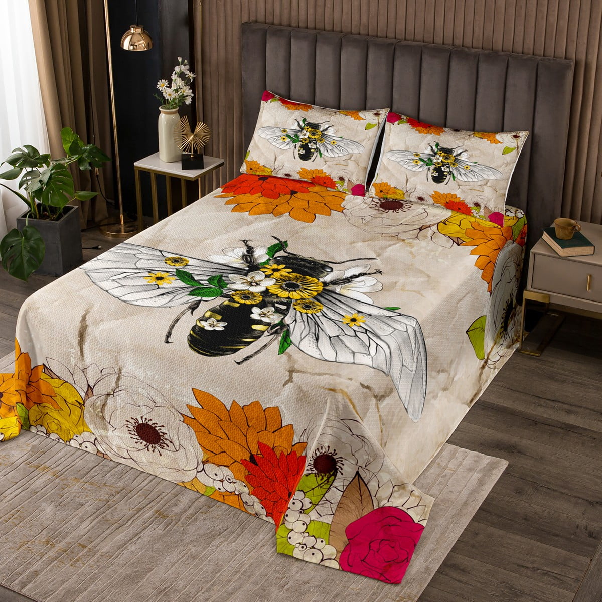 YST Honey Bee Bedspread King Size Colorful Flowers Quilt Set For Girls yst-honey-bee-bedspread-king-size-colorful-flowers-quilt-set-for-girls