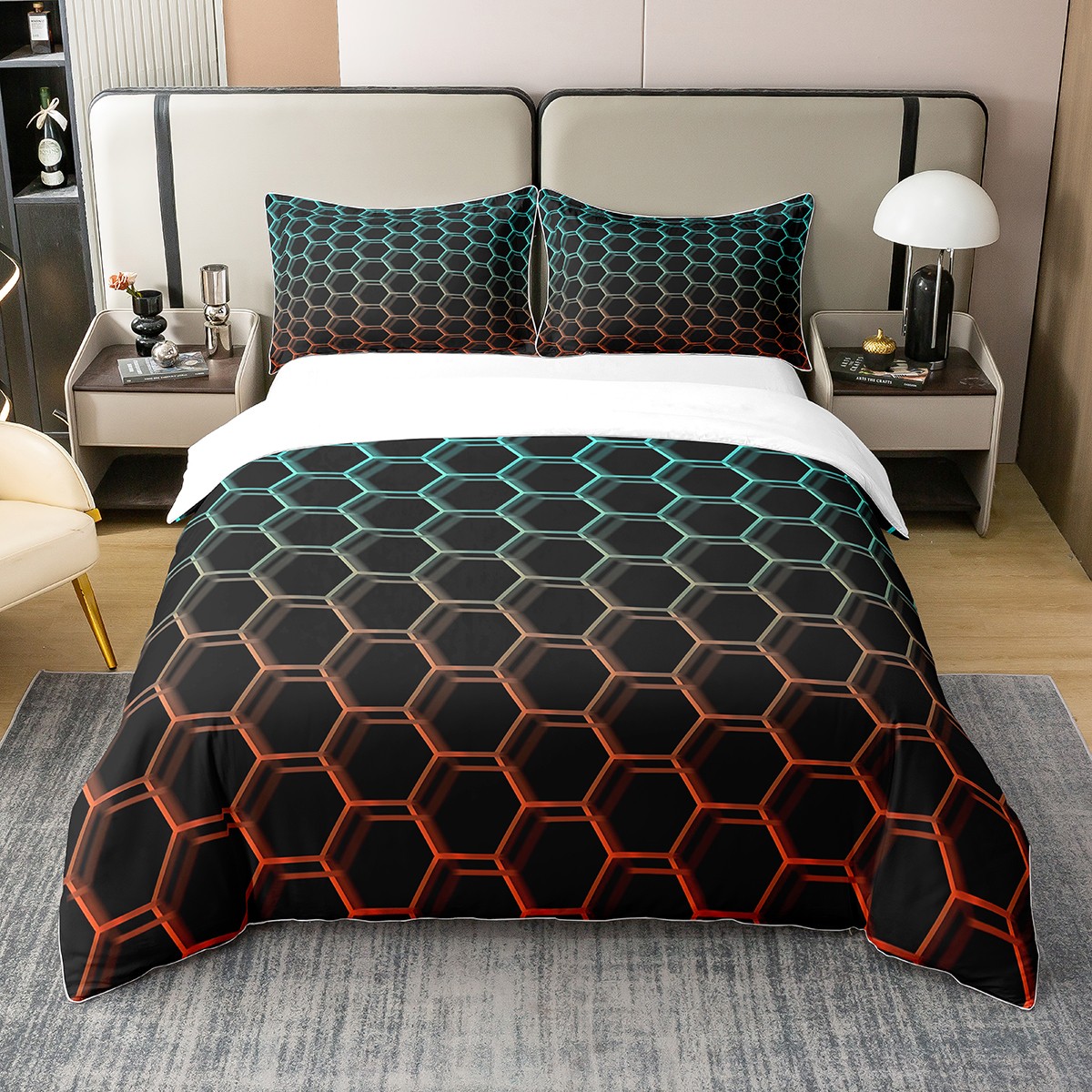 YST 100 Cotton Duvet Cover Queen,Geometric Beehive Bedding