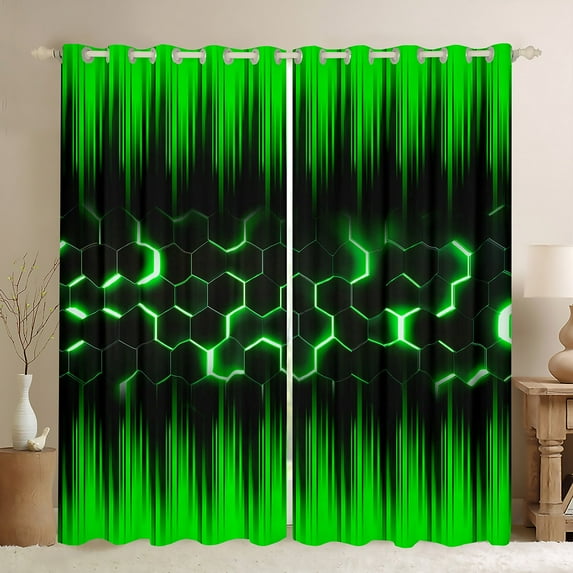 Erosebridal Honeycomb Curtains Blackout Neon Green Black Geometric Curtains & Drapes Bedroom,Geometry Hexagon Window Curtains,Gradient Stripes Window Treatments