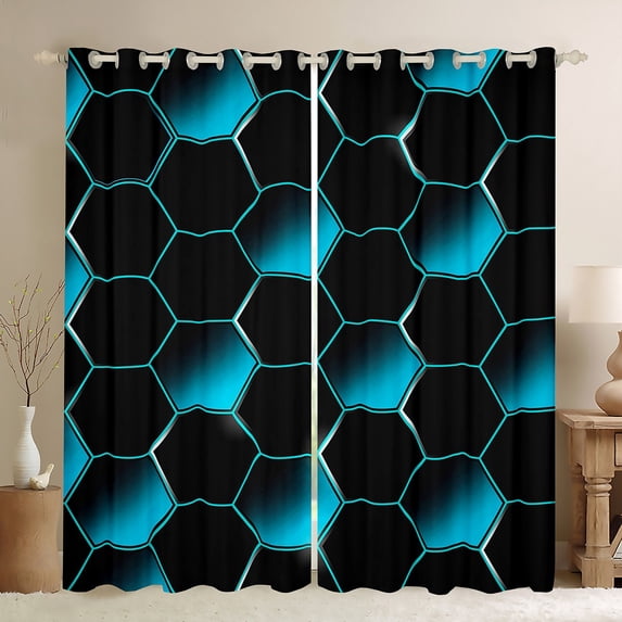 Honeycomb Curtains & Drapes 52''Wx63''L,Geometry Honeycomb Black Neon Curtains,, Simplistic Bedroom Decor, Hexagonal Teal