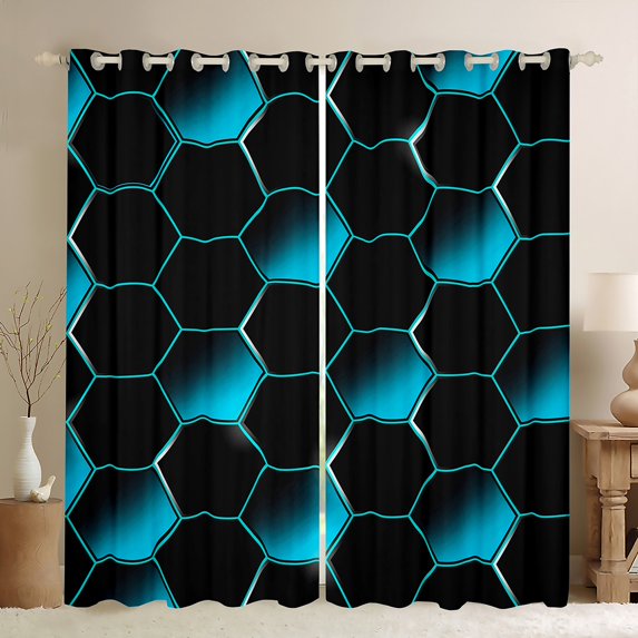 Honeycomb Curtains & Drapes 52''Wx84''L,Geometry Honeycomb Black Neon Curtains,, Simplistic Bedroom Decor, Hexagonal Teal