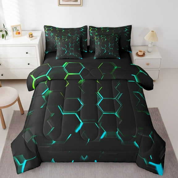 Honeycomb Full Comforter Set 7 Piece Black Blue Green Bedding Abstract Geometric Bed in a bag Teen Teal Neon Stereoscopic Geometrical Beehive Bed Set
