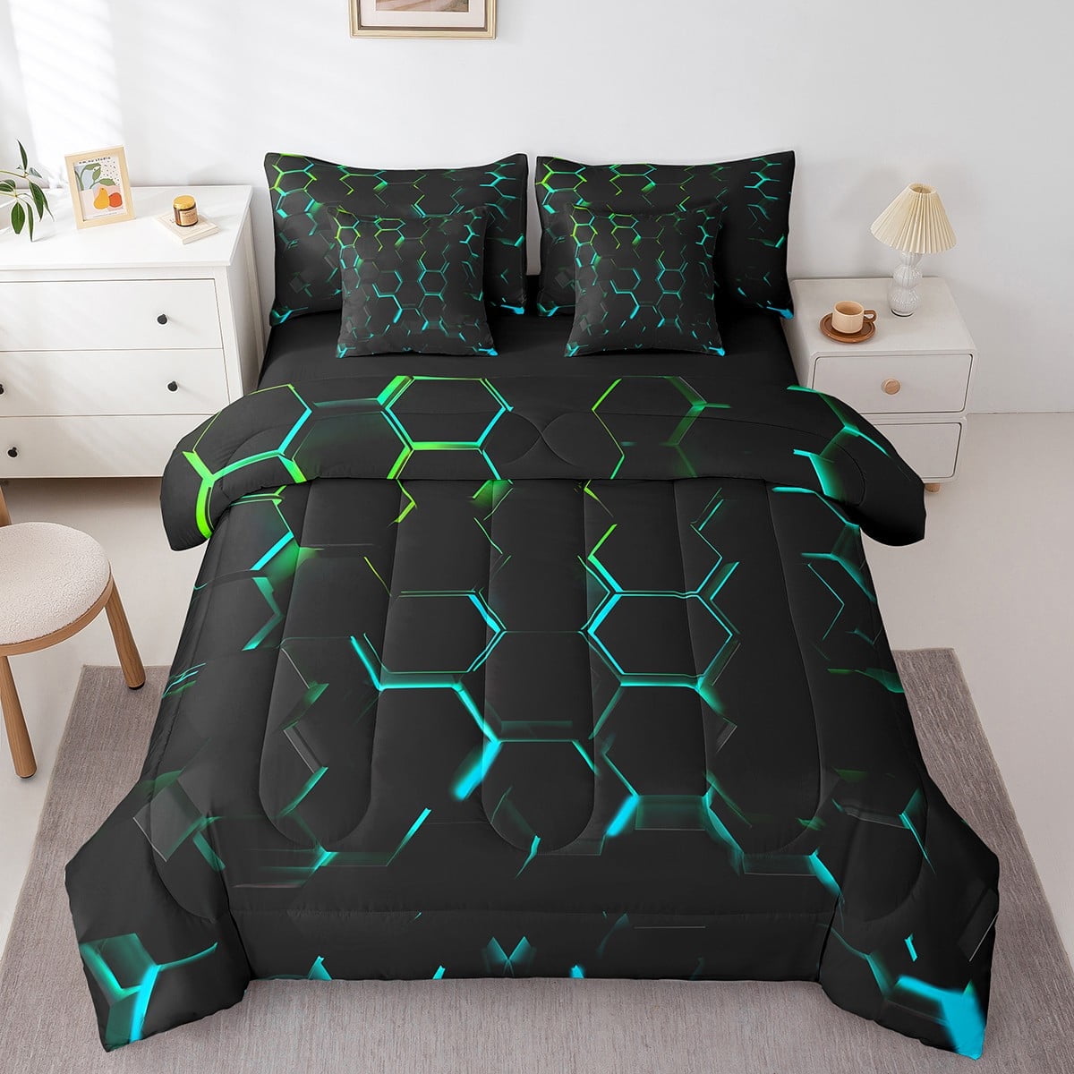Erosebridal Honeycomb Queen Comforter Set 7 Piece Black Blue Green Bedding  Abstract Geometric Bed in a bag Teen Teal Neon Stereoscopic Geometrical  Beehive Bed Set - Walmart.com, image size:1200x1200