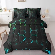 Erosebridal Honeycomb Queen Comforter Set 7 Piece Black Blue Green Bedding Abstract Geometric Bed in a bag Teen Teal Neo