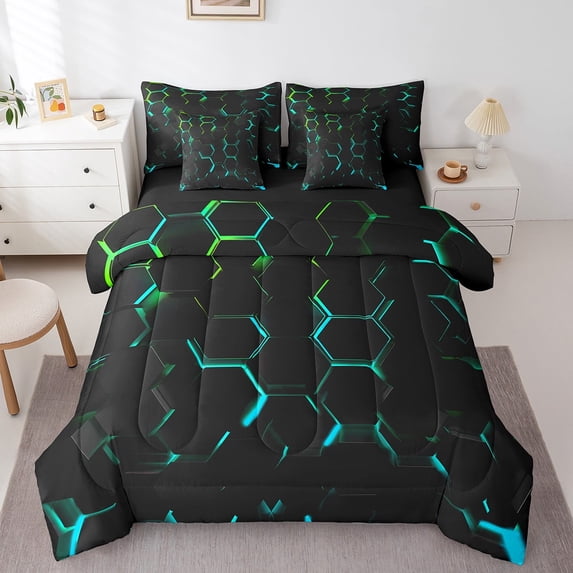 Erosebridal Honeycomb Queen Comforter Set 7 Piece Black Blue Green Bedding Abstract Geometric Bed in a bag Teen Teal Neon Stereoscopic Geometrical Beehive Bed Set