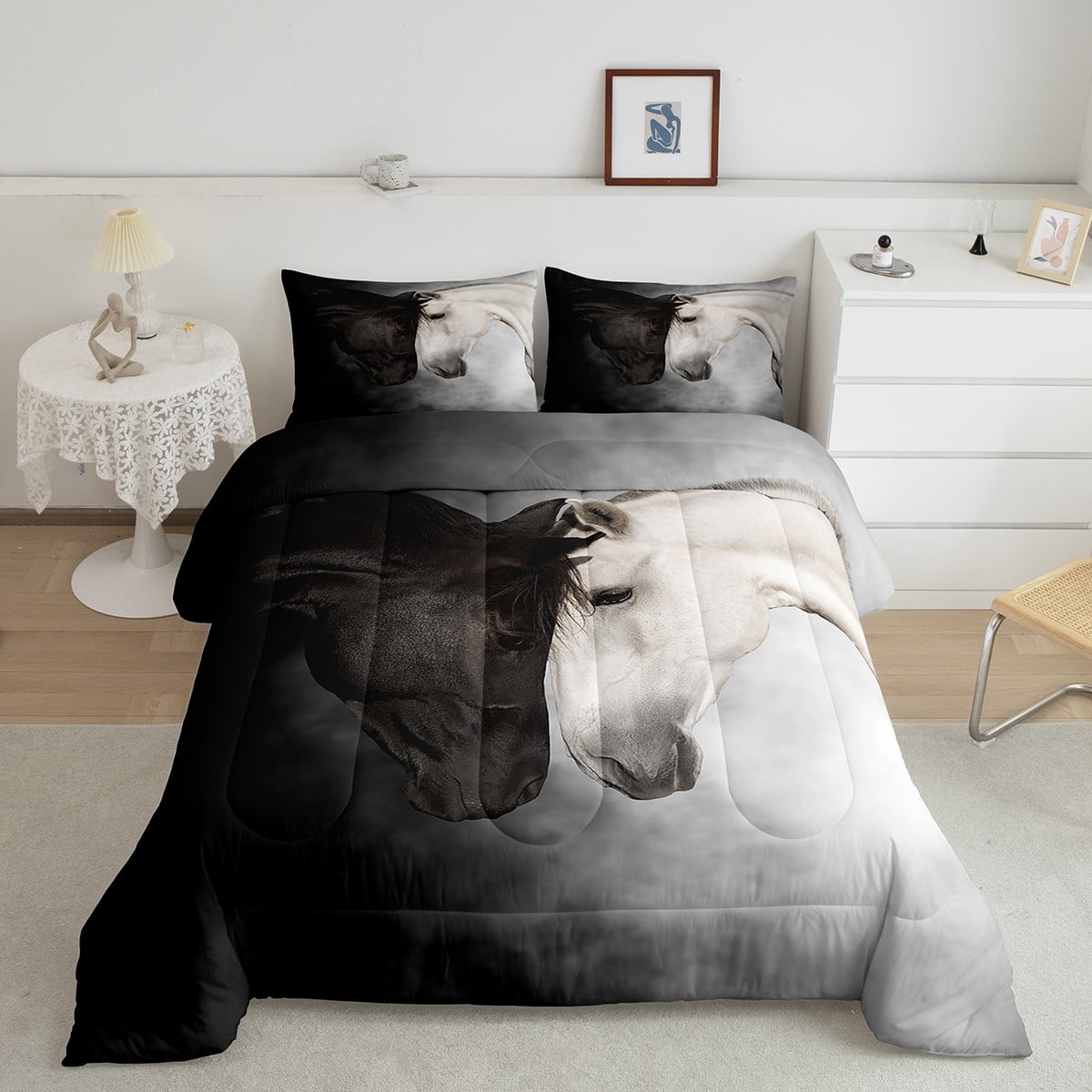 YST Horse Bedding for Girls Boys Couples, Black White Horses Bedding