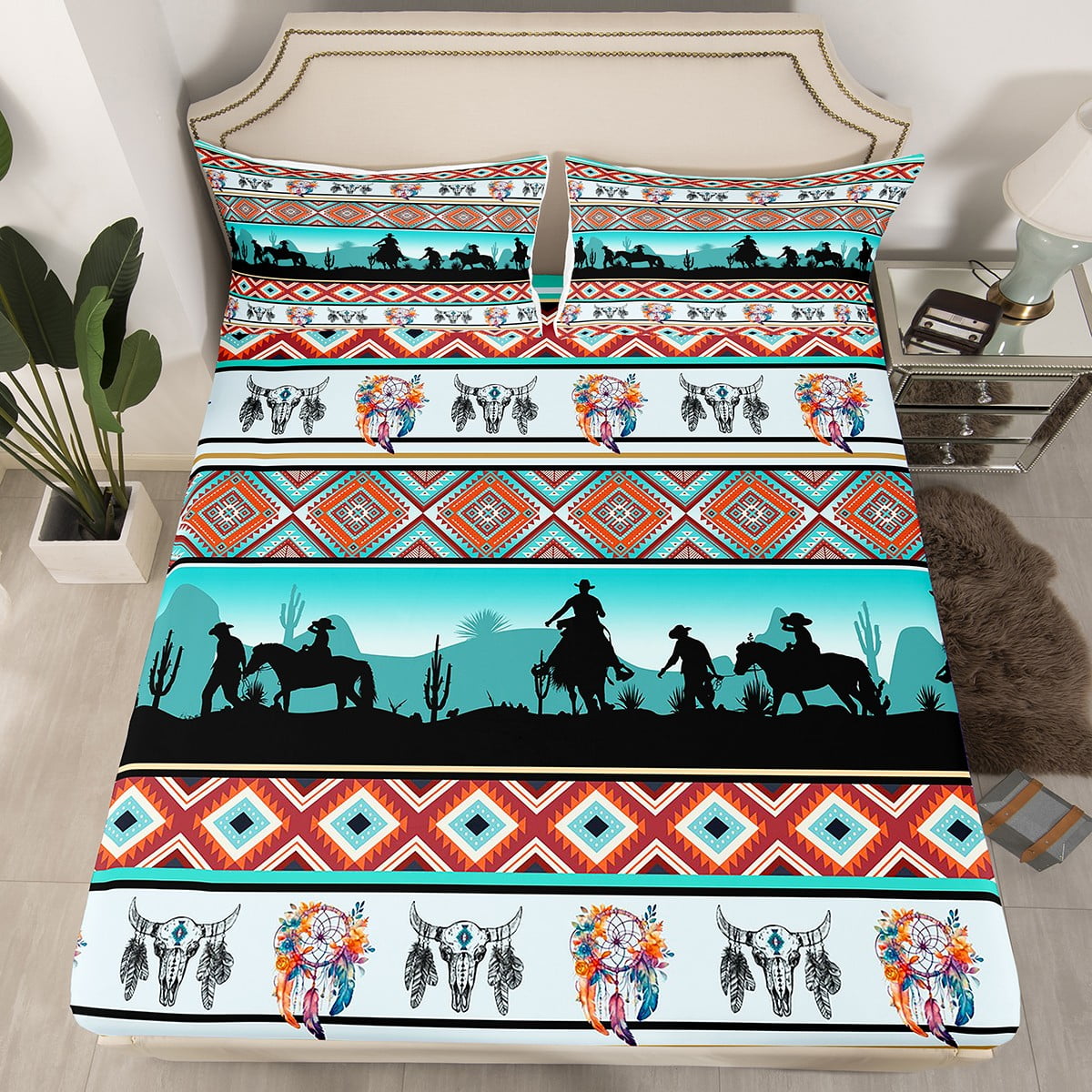 YST Horse Decor Western Bed Sheets Queen,Farm Animals Sheets Geometry