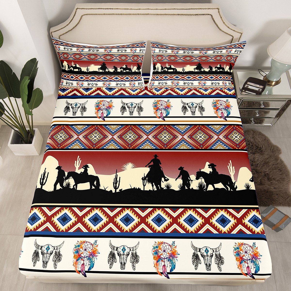 Horse Decor Western Bed Sheets Twin,Farm Animals Sheets Geometry Aztec ...