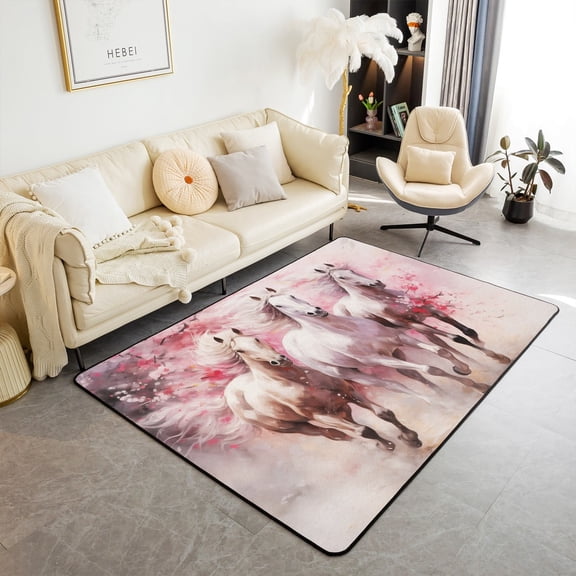 Erosebridal Horse Indoor Floor Mat 5X7 Galloping Horse Decorative Rug Pink Cherry Blossom Decorative Accent Rug Women Watercolor Paint Style Area Rug Home Decoration