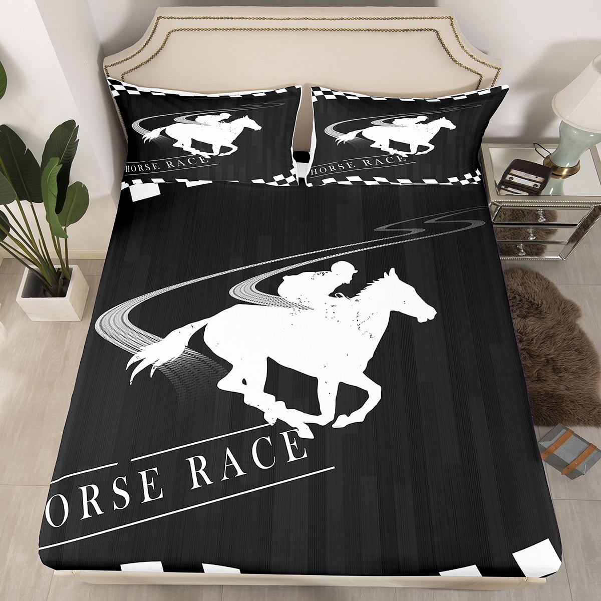 YST Horse Race Bed Sheets Buffalo Plaid Fitted Sheet Full Size, Derby