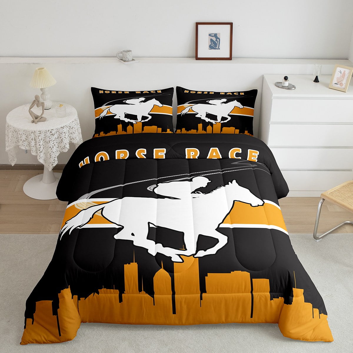 YST Horse Race Comforter Set Queen Galloping Animal Bedding Set, Derby