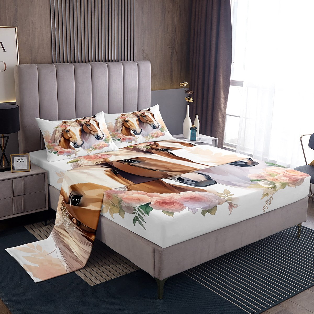 YST Horse Sheet Set King Size,Flowers Galloping Horse Sheets Horse