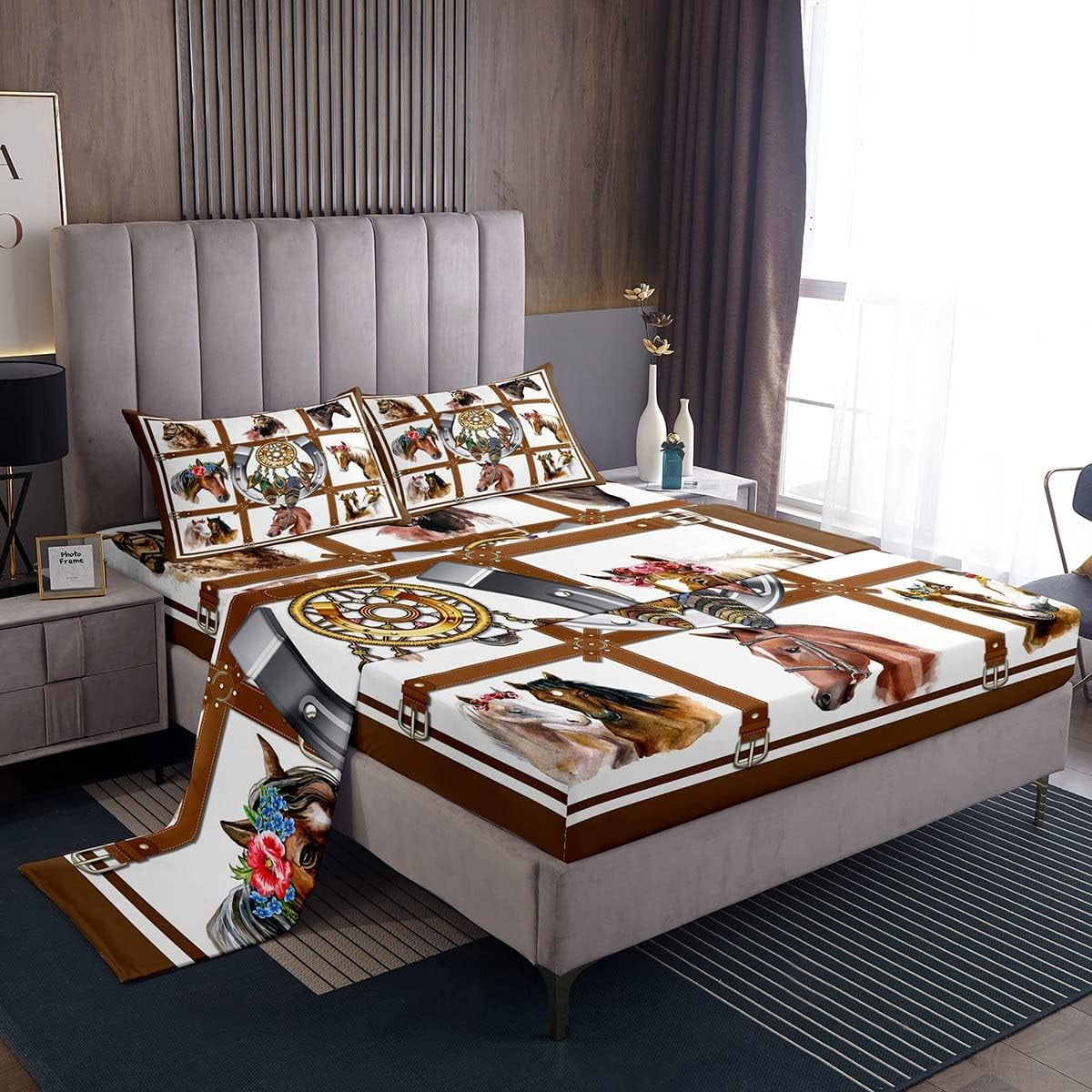 YST Horse Sheets Cowboys Western Brown Horse Print Bed Sheets Cowgirls