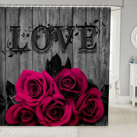 Hot Pink Rose Flowers Bathroom Curtain 72"Wx72"L Retro Rustic Rose Floral Shower Curtain Valentine'S Day Couple Bath Curtain Women,Romantic Blossom Bathroom Decor Black Grey