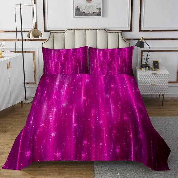 Hot Pink Twin Bedspread Set Abstract Glowing Gradient Quilt Set,Aesthetic Ombre Coverlet Set Modern Neon Lights Bedding Set,Psychedelic Stars Bed Cover