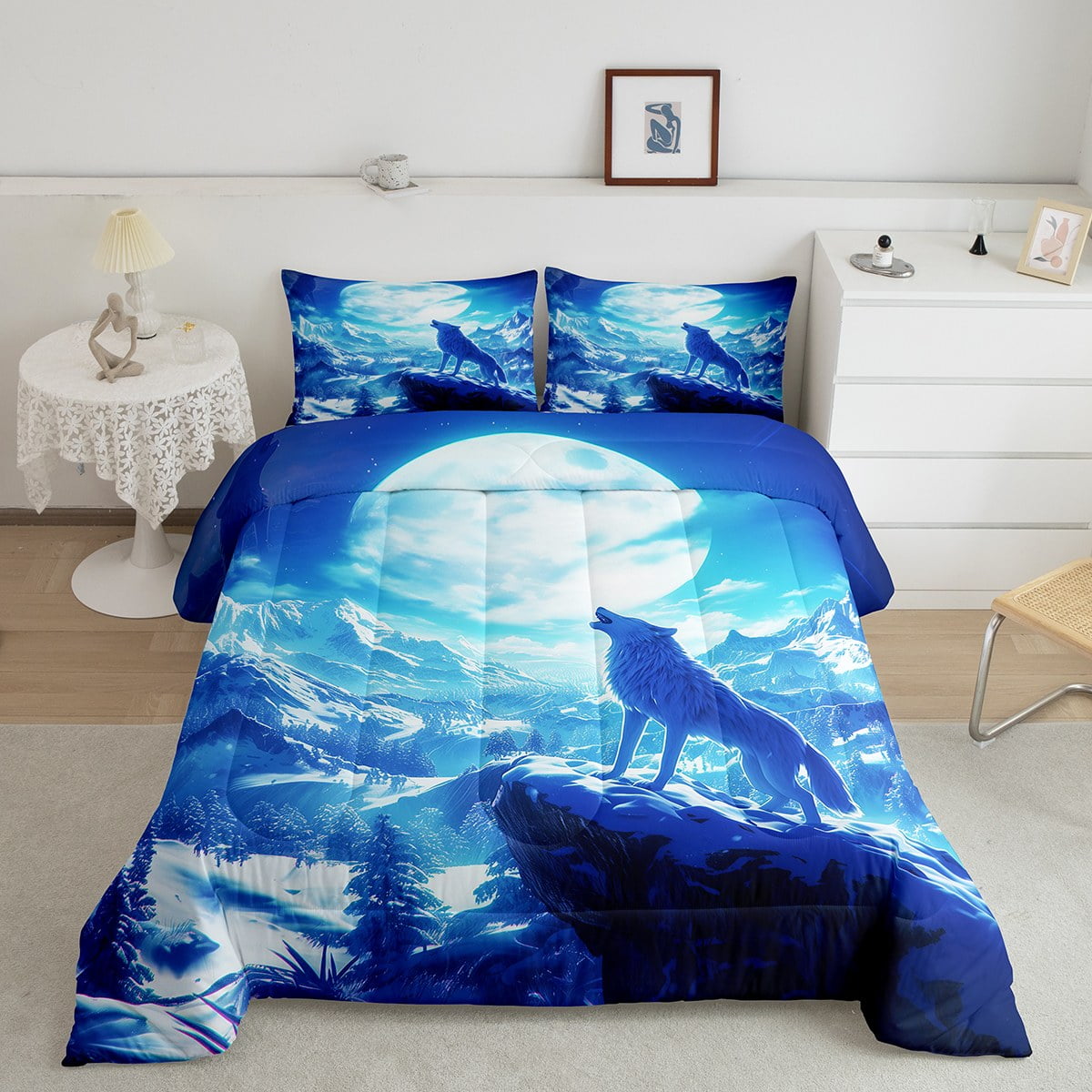 YST Howling Wolf Comforter Set Boys Girls Animal Print Wolves Bedding Room Decor, Winter Wolf